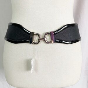 White House Black Market Black Wide Elastic Obi Belt Silver Buckle Sm NEW NWT